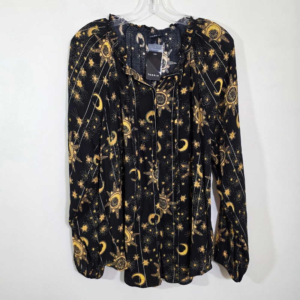 Torrid Women Blouse Celestial Sun Moon Star Gold Pinstripe Crinkle Gauze Size 1X